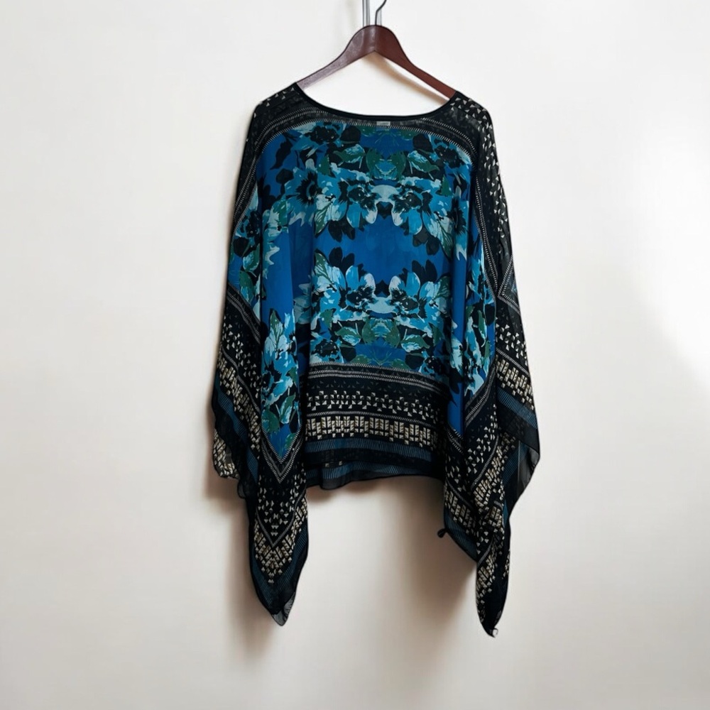 Blue and Black Floral Sheer Kaftan Tunic Top
